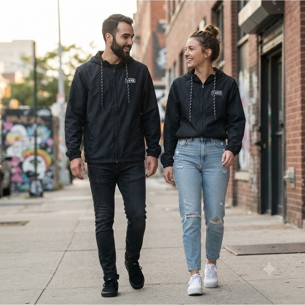 Vans Kastle Windbreaker Jacket Black Full Zip Hooded Mesh Lined Mens Small